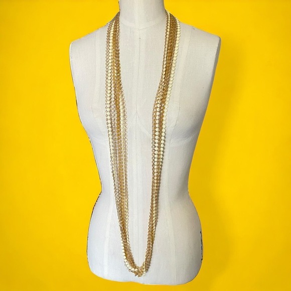 Vintage Multi Strand Ivory Brown Tan Faceted Bead Necklace‎ Statement Cascading - Picture 2 of 5
